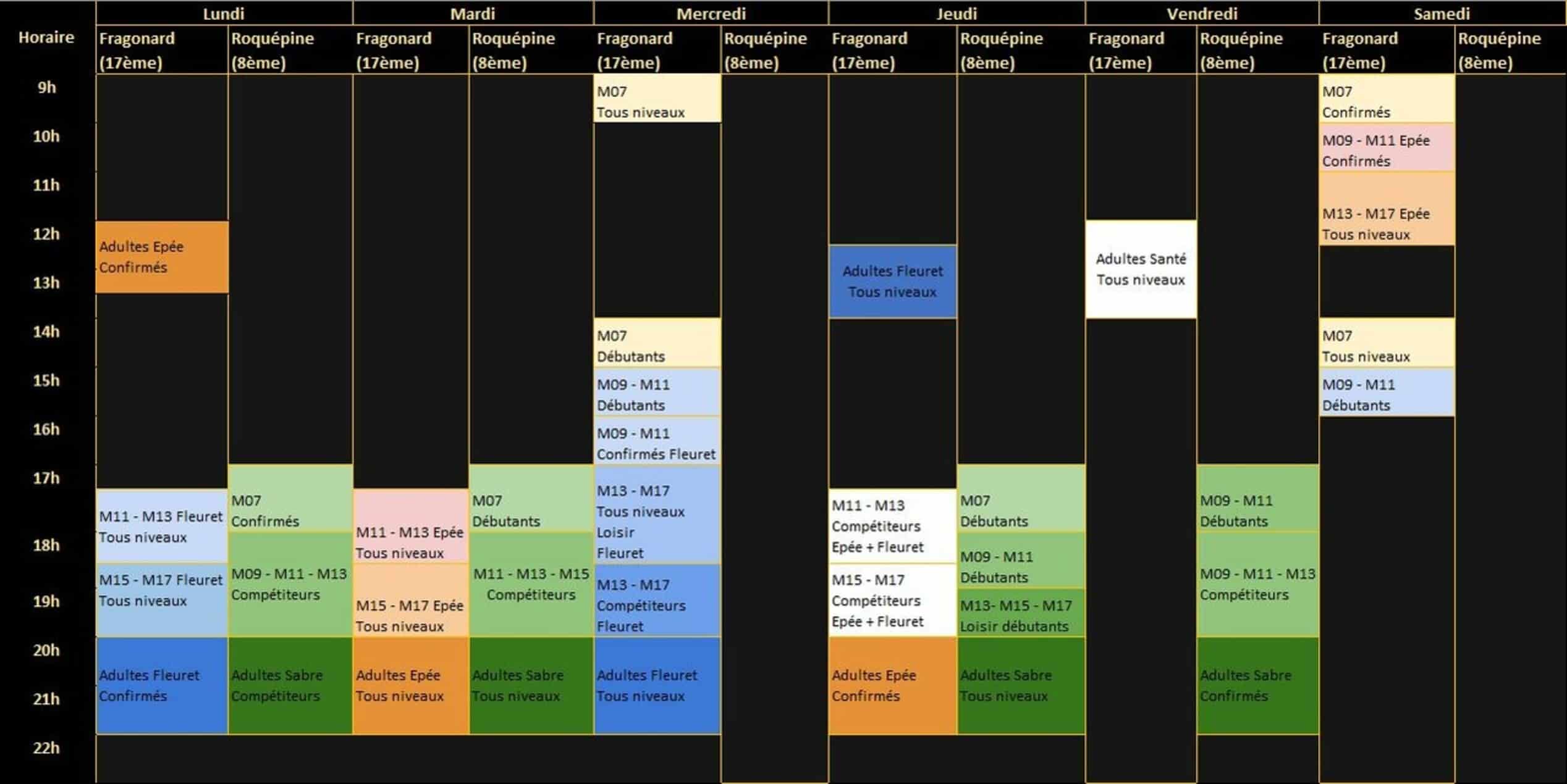 créneaux horaires Escrime SCUF